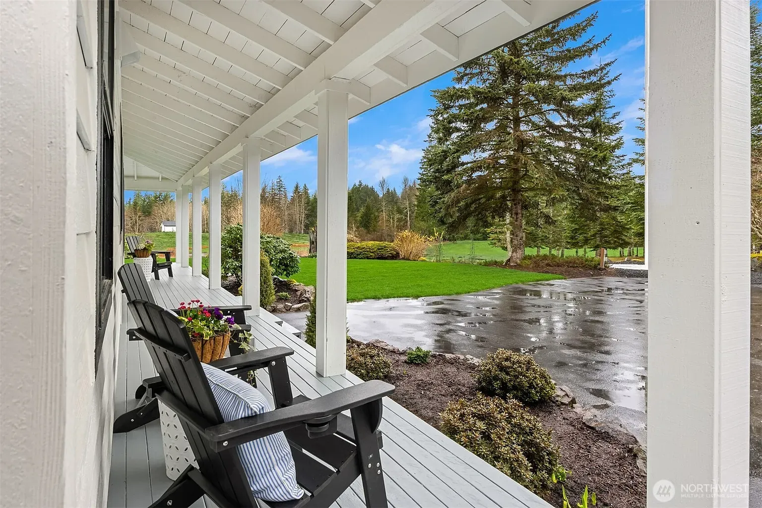 Back outside — gray deck, white porch ceiling, invite me for coffee already.