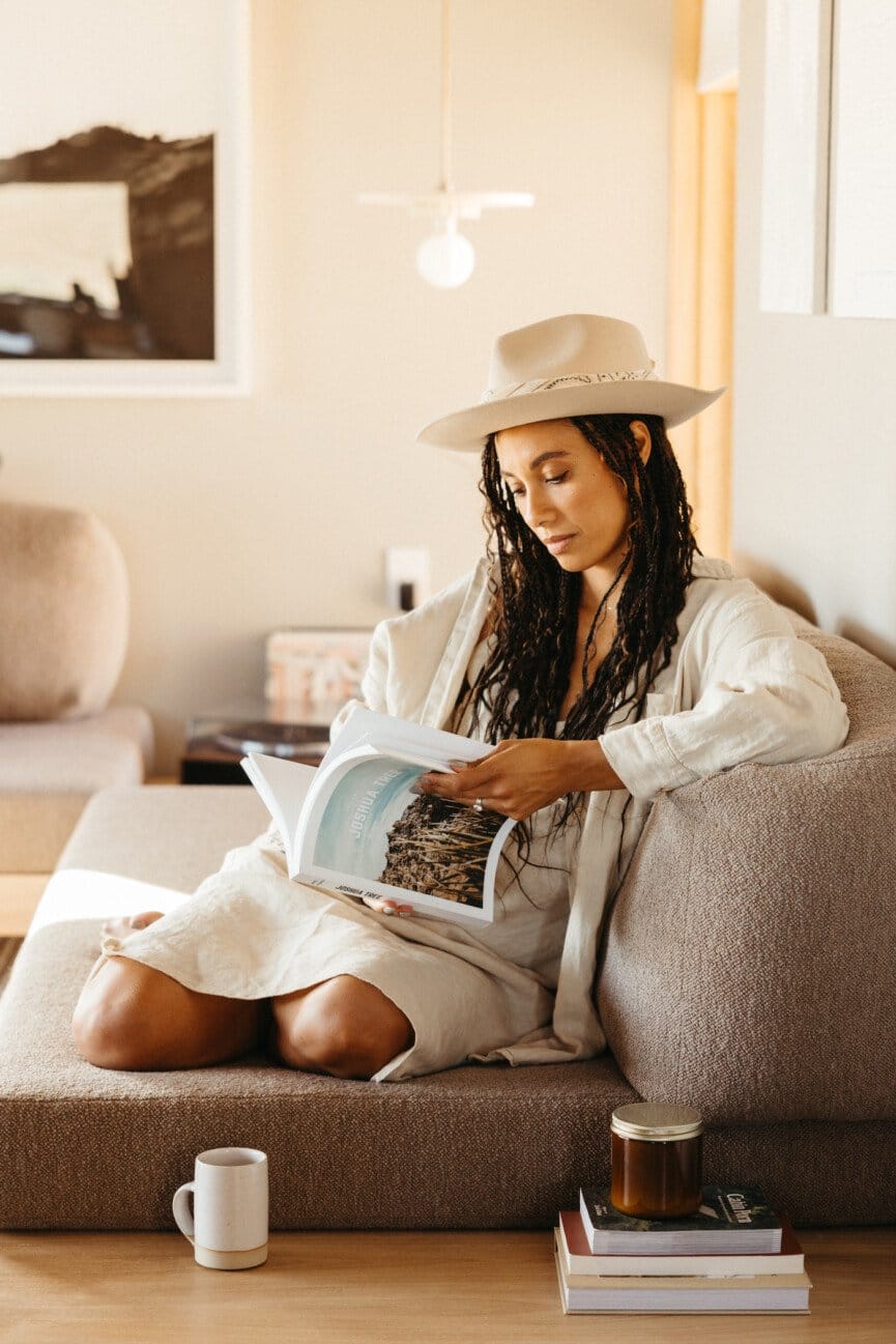 "Cozy reading nook with stylish desert vibes and natural light"