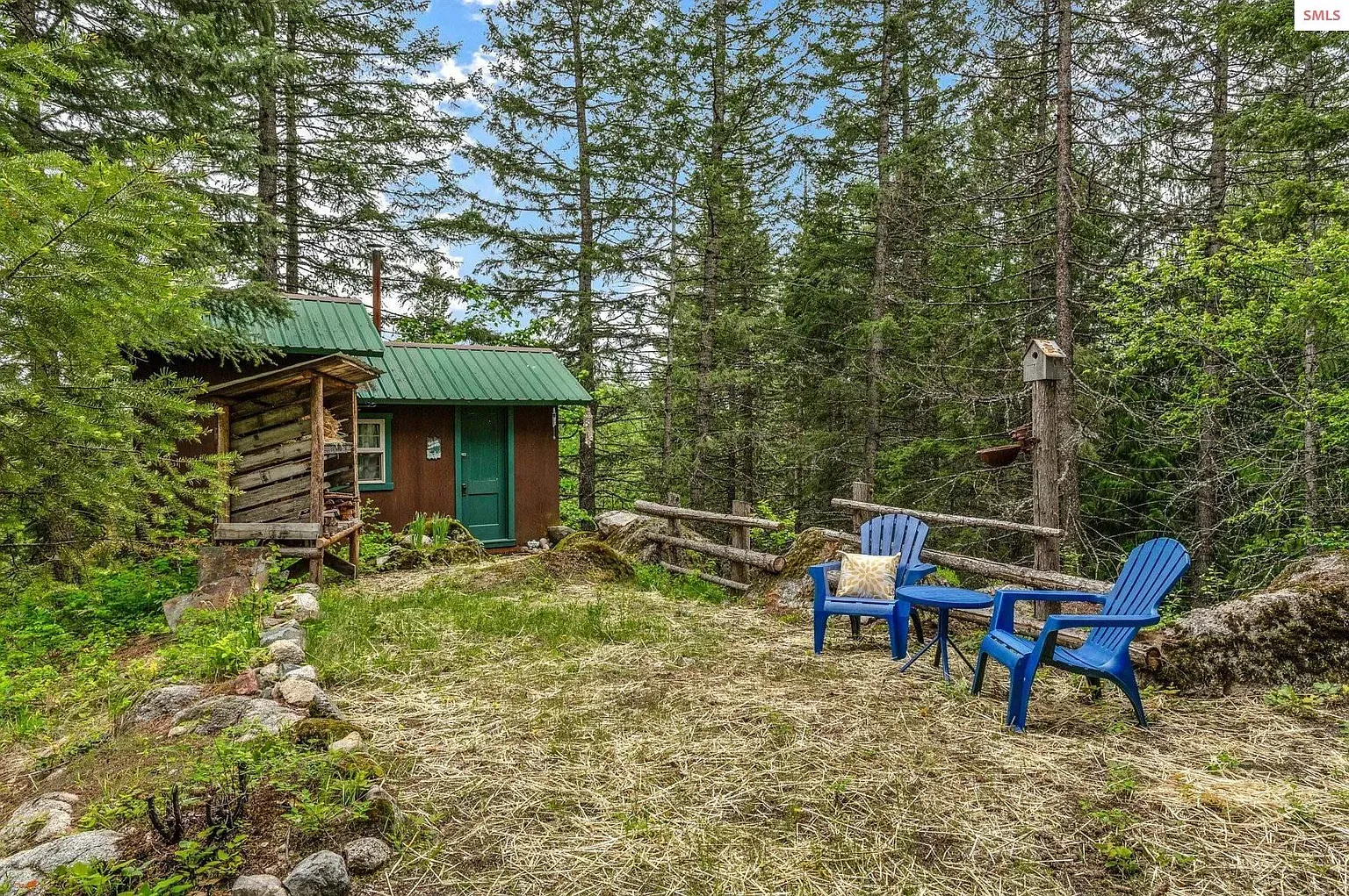 ## Brown cabin with that green roof tucked among tall trees—quiet, calm, feels good.