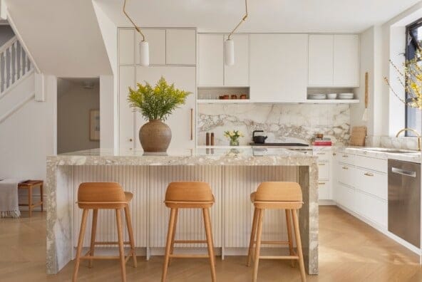 "Sleek Marble Kitchen with Warm Wood Accents - Modern Elegance!"