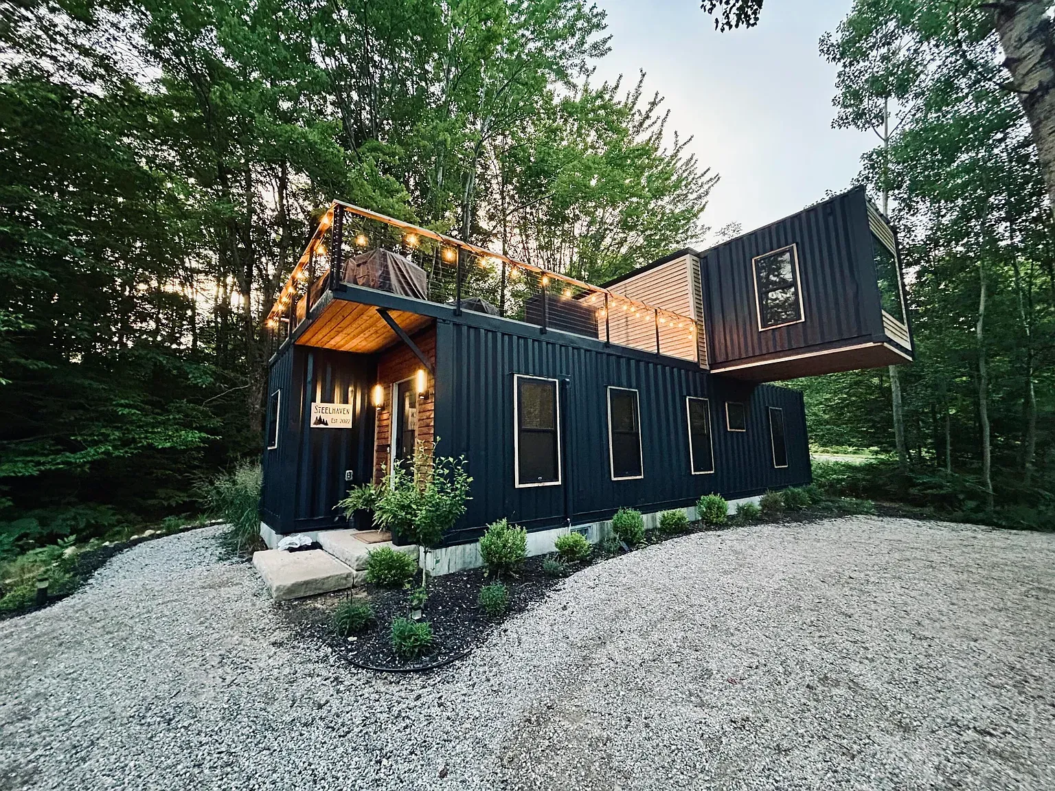 Final angle of the container build. Bold colors, tucked into woods, surprisingly inviting.
