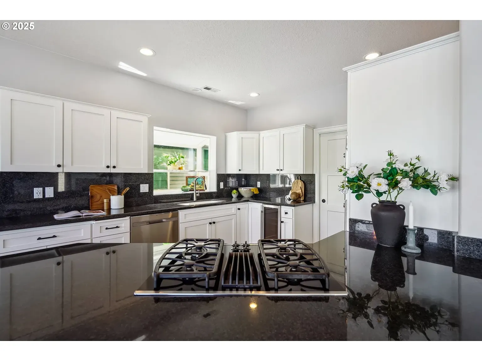Kitchen flex — black granite slab, built-in gas. Looks slick, maybe smudgy?