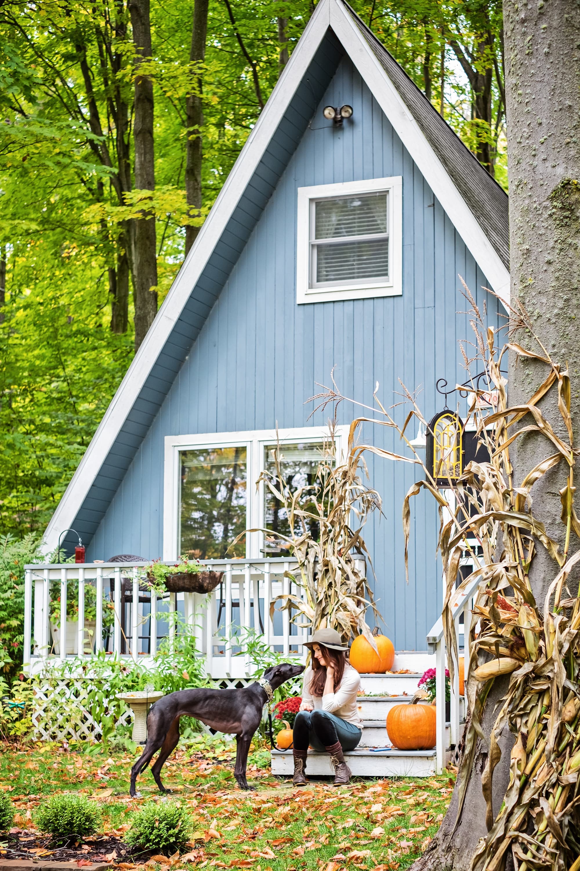 "Cozy A-Frame Cabin Embraces Fall with Pumpkins and Forest Views!"