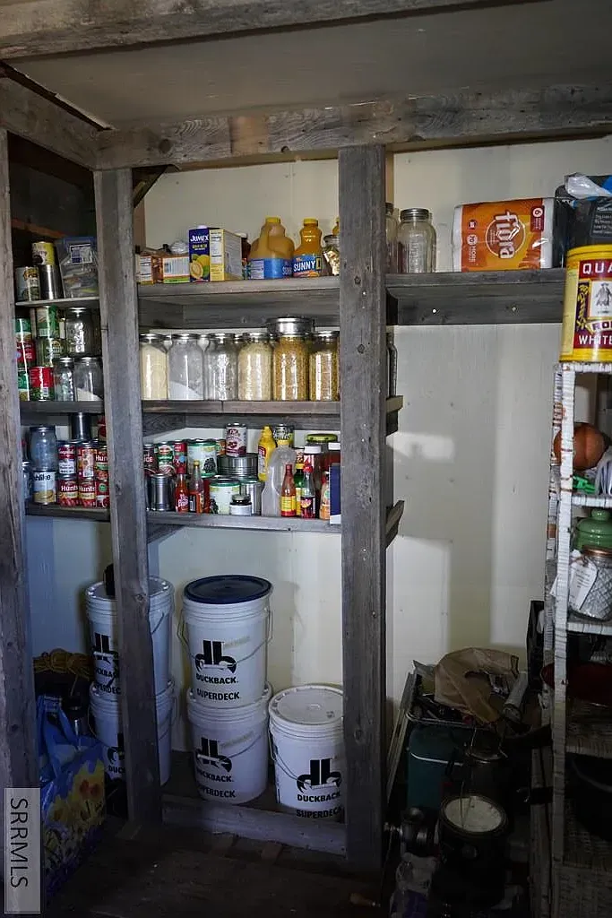 "This is the pantry, and it's got tons of space for all your dry goods. Just look at how organized everything is—jars, cans, and even some bulk items all lined up. It's perfect for stocking up!"