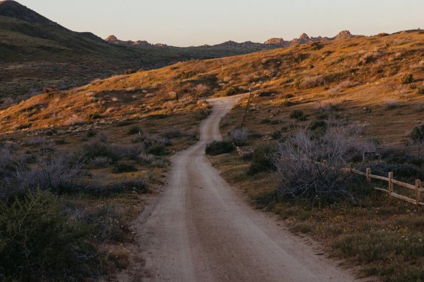 "Winding dirt road leads to golden hillside adventures!"