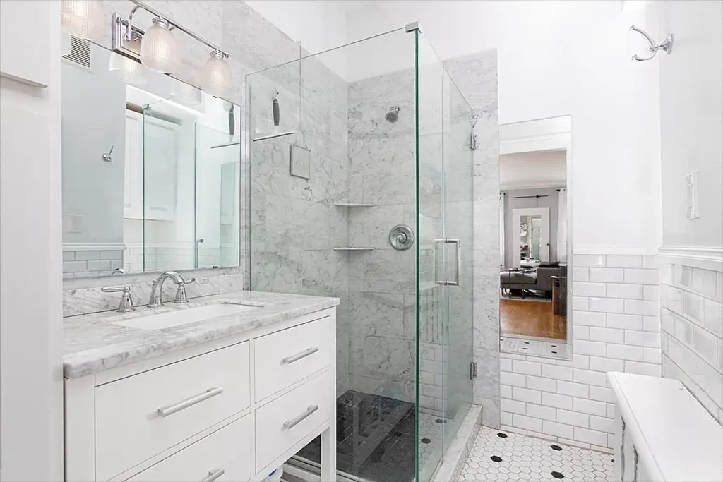 "Stylish modern bathroom with a sleek shower!"