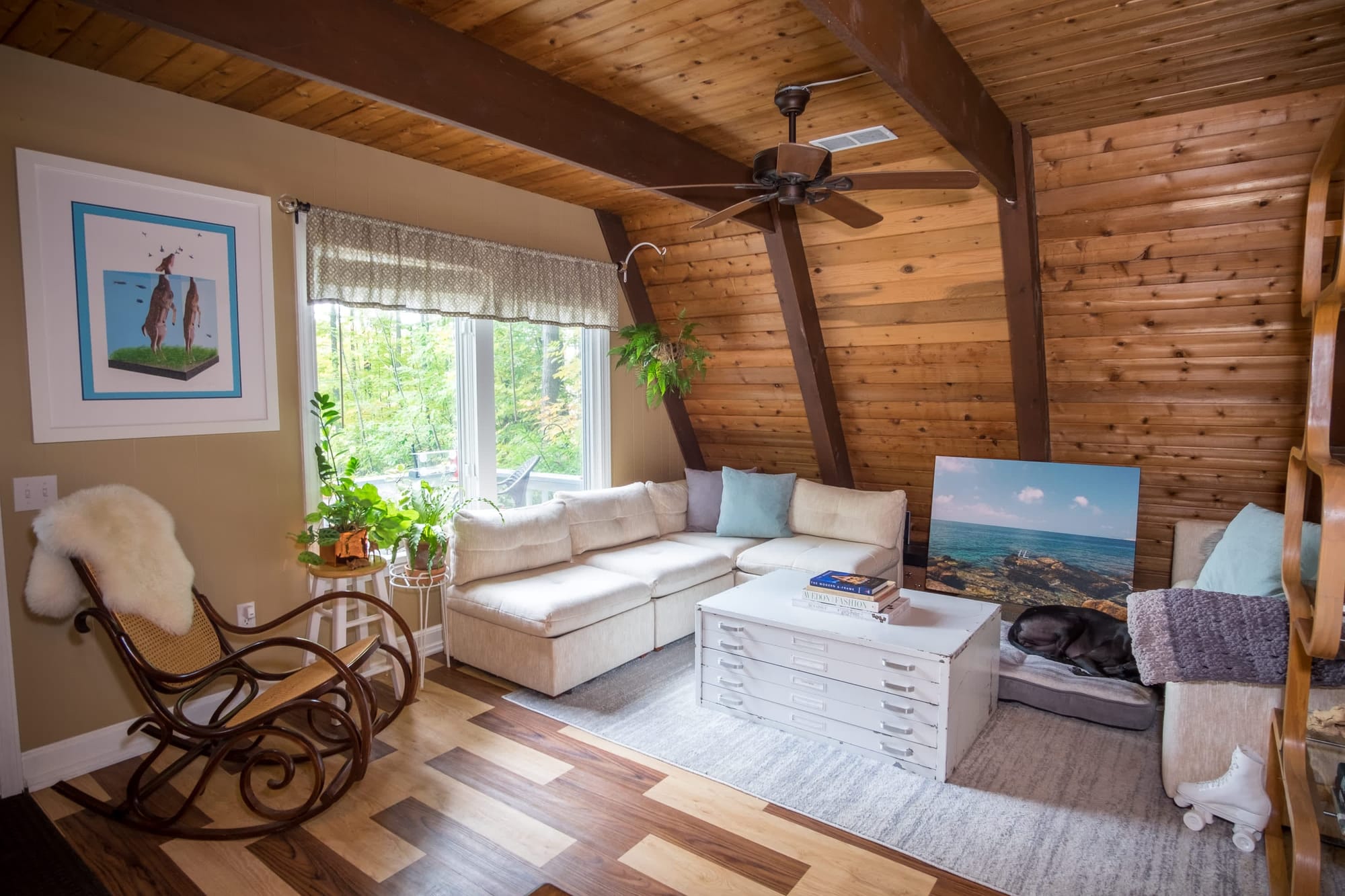 "Cozy Cabin Living with Wood Beams and Ocean Vibes!"