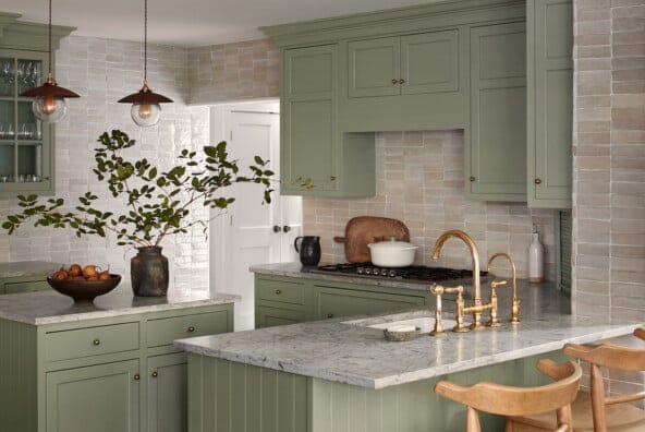 "Sage Green Kitchen with Marble Island: Timeless Elegance Meets Modern Charm!"