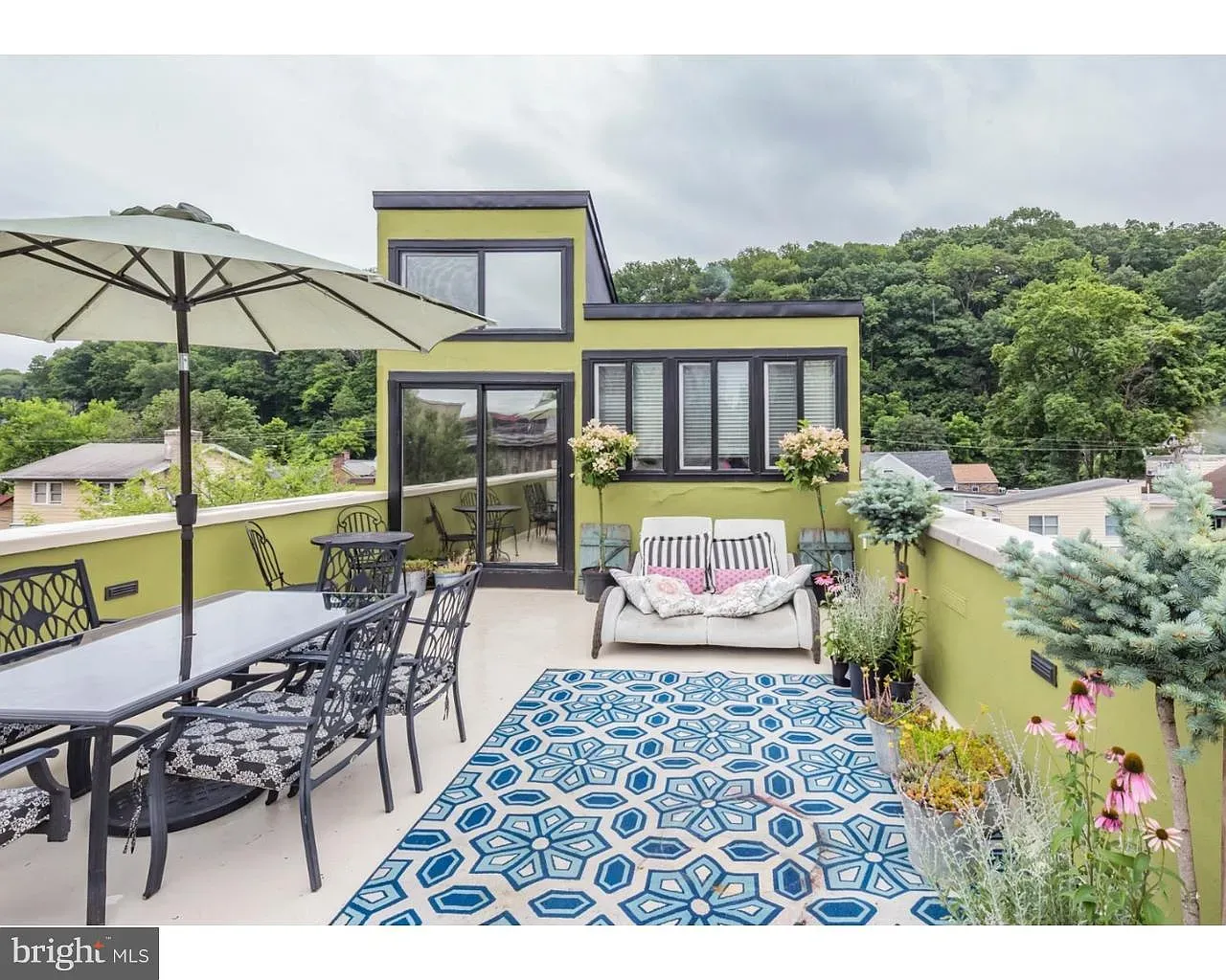 Another terrace, graphic rug doing the most. Not sure, statement or trip hazard?