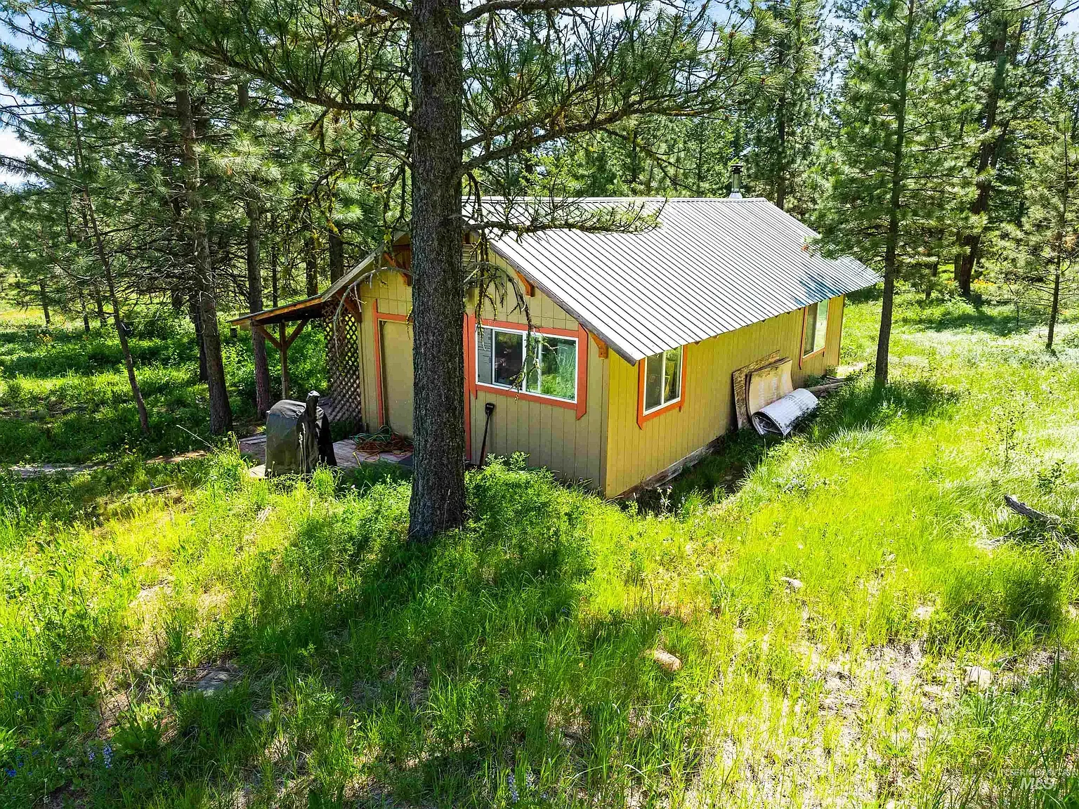 Light wood siding with earthy paint, corrugated metal roof.