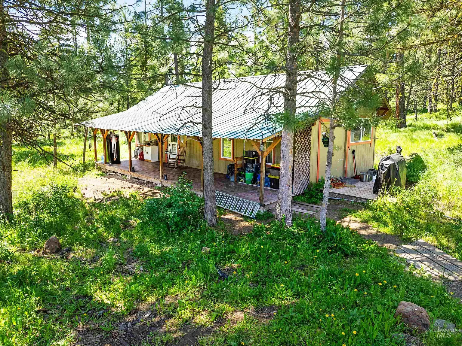 Soft yellow brown siding in the trees, gentle sloped roof.