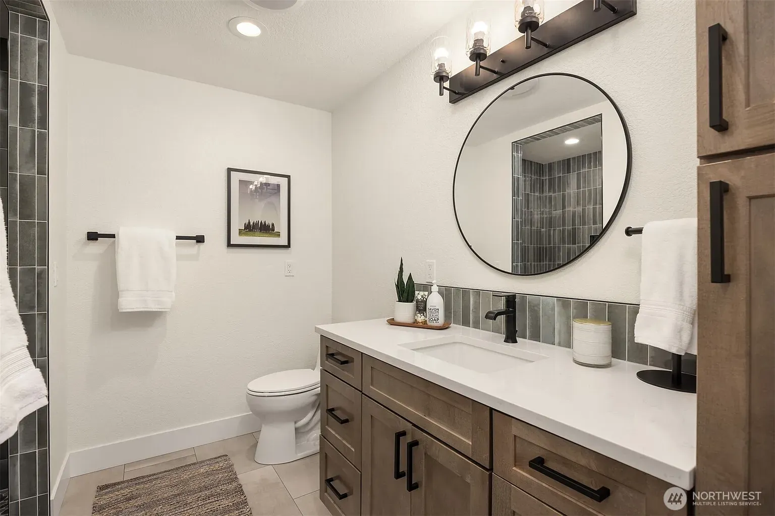 Another bath. warm wood vanity, bright top. Anyone else love this combo?