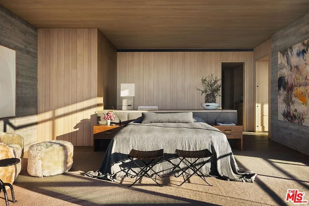 Bedroom nails concrete + wood. Feels calm, not cold. Hidden lighting helps.