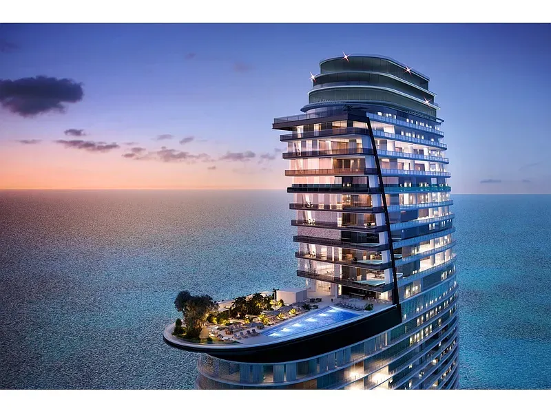 Here's the tower, all waves and glass. Balconies look surfboards.