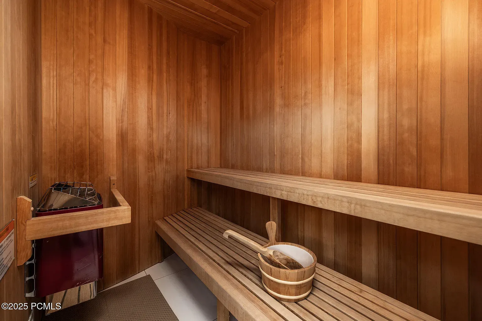 Little cedar sauna box. Simple benches, instant nap energy.