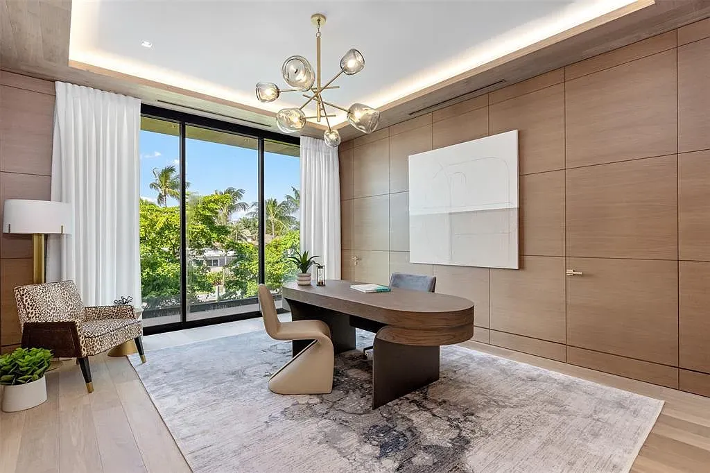 Calm office, giant window to trees. Productivity might actually happen here.