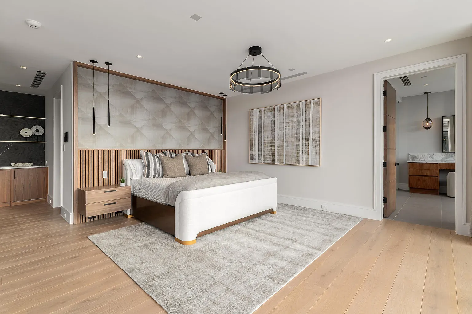 Bedroom goes soft beige and pale wood. Not sure—cozy or too beige?