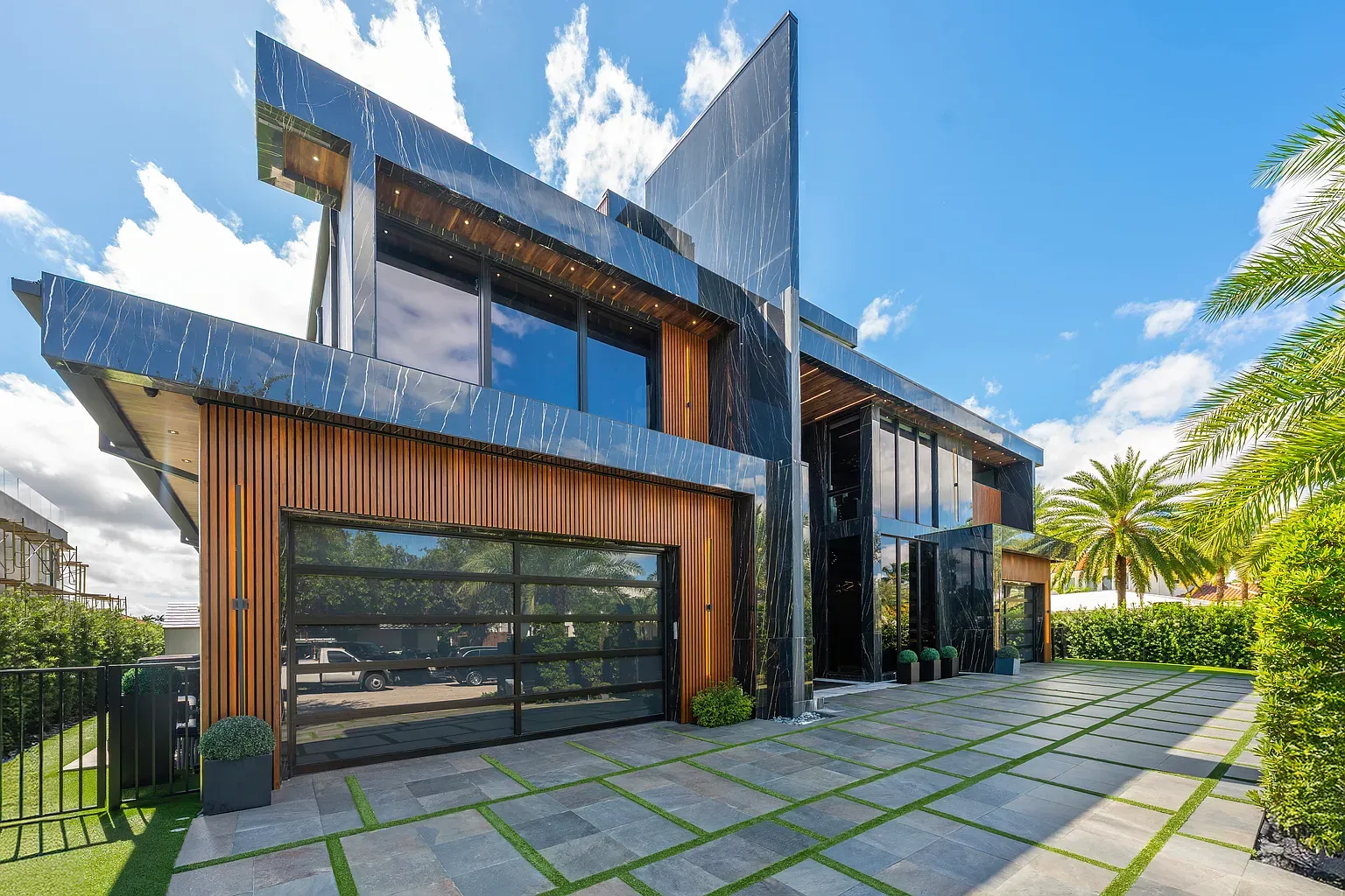 Heavy dark stone front. Lines are clean and kind of dramatic.