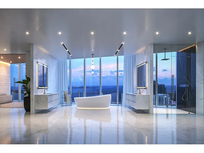 Bathroom has floor-to-ceiling views. I mean, hello neighbors? Curtains anywhere?