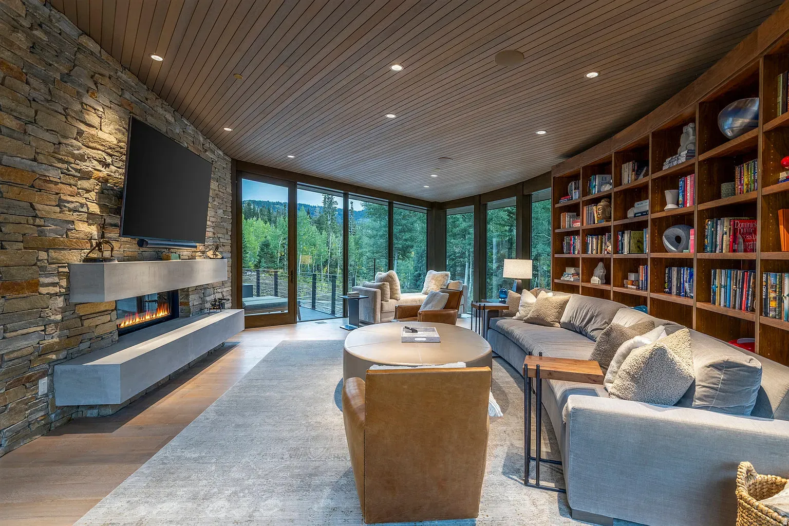 Stone wall and a sleek fire. Easy, cozy, no notes.