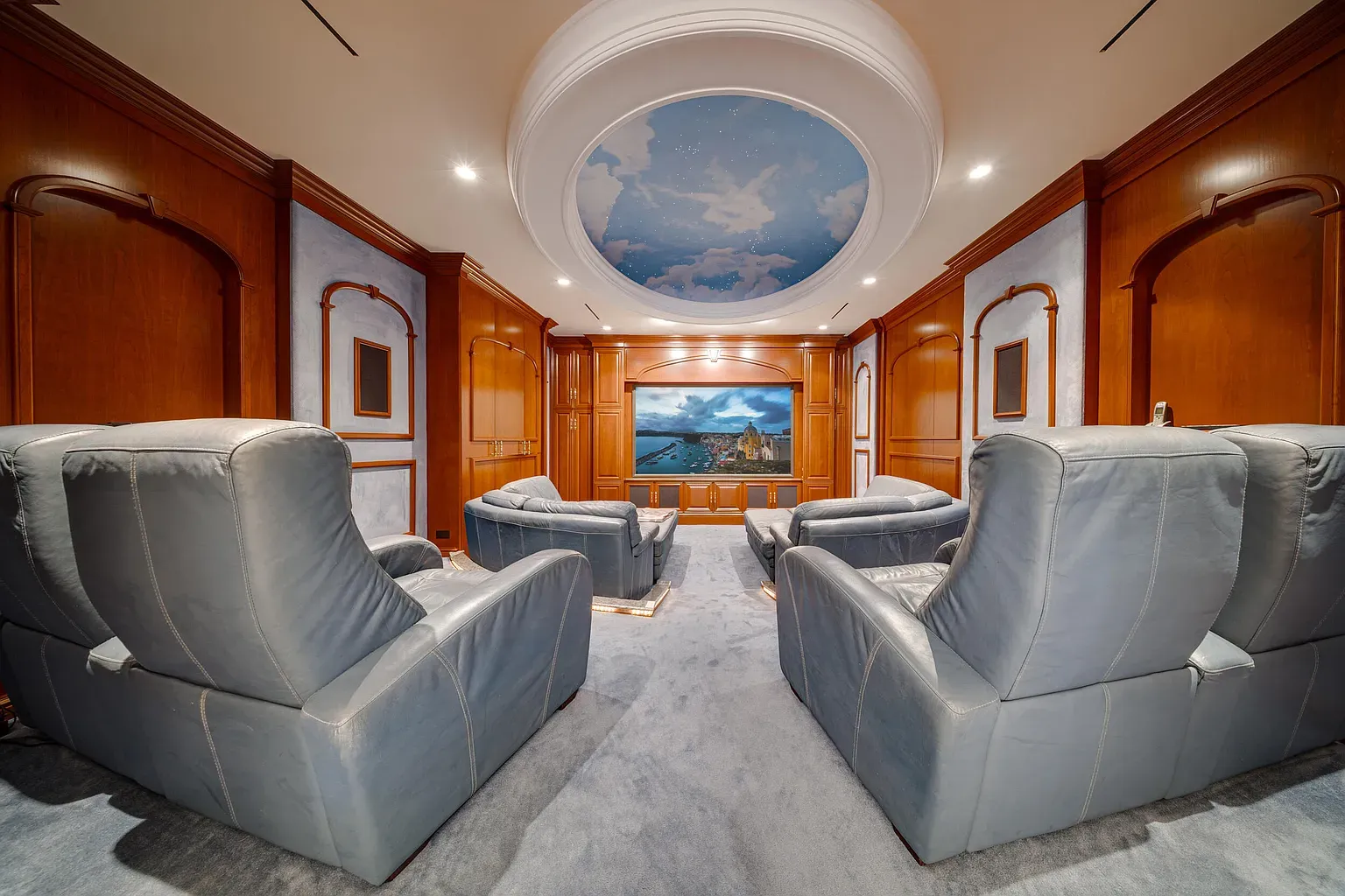 Home theater or cigar lounge? All wood, carved cabinets, super cozy.