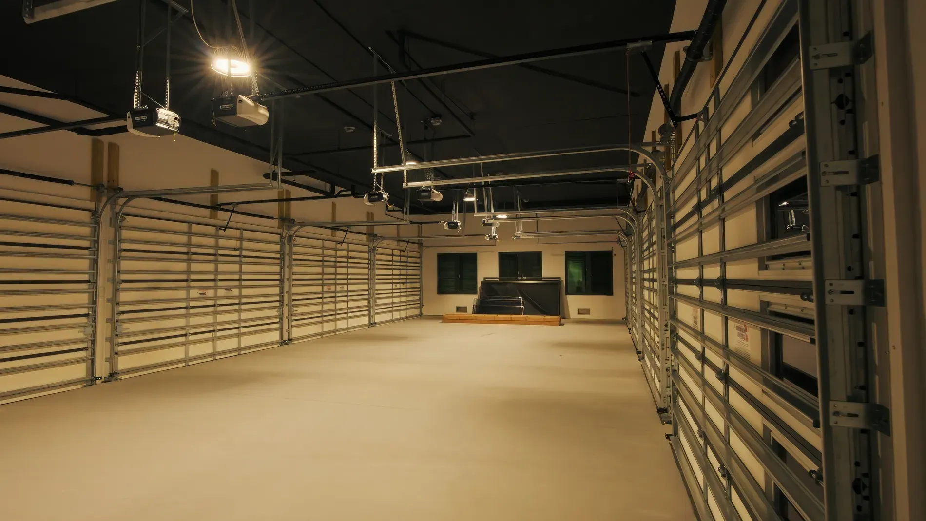 Expansive garage, metallic doors, industrial tidy. Cool, but where’s the rest inside?