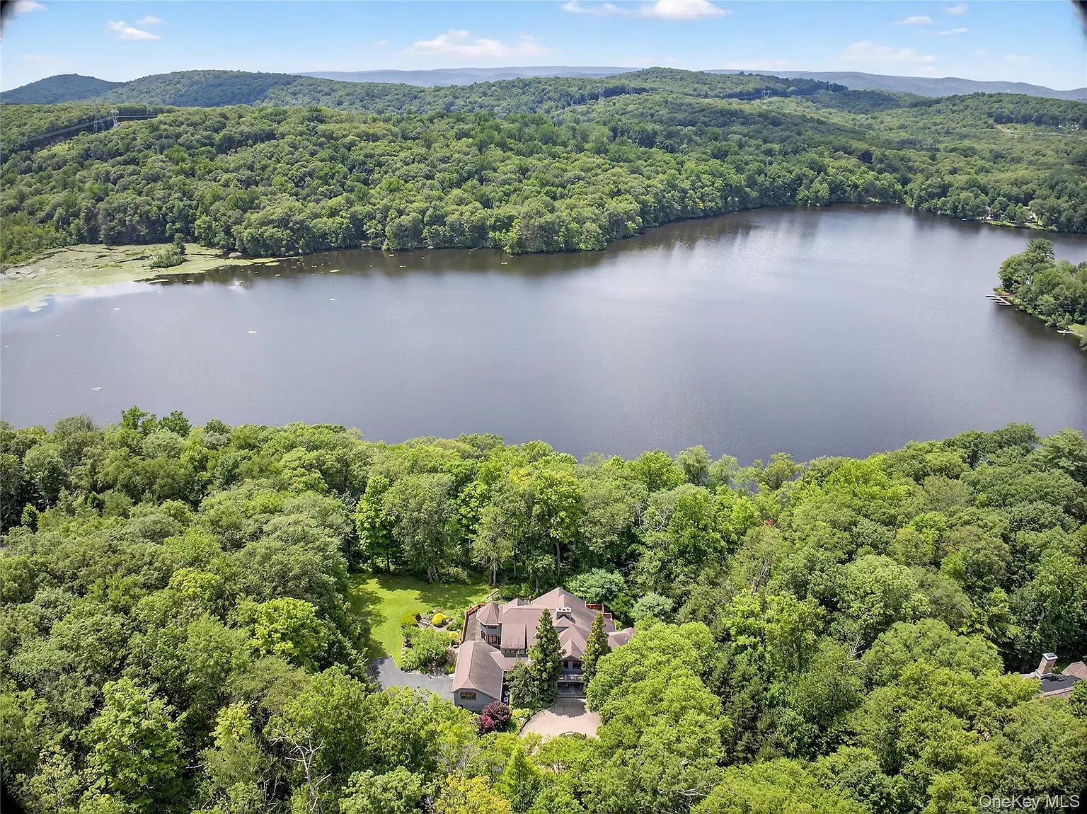 Aerial shot sells it. House tucked into trees with big water out front.