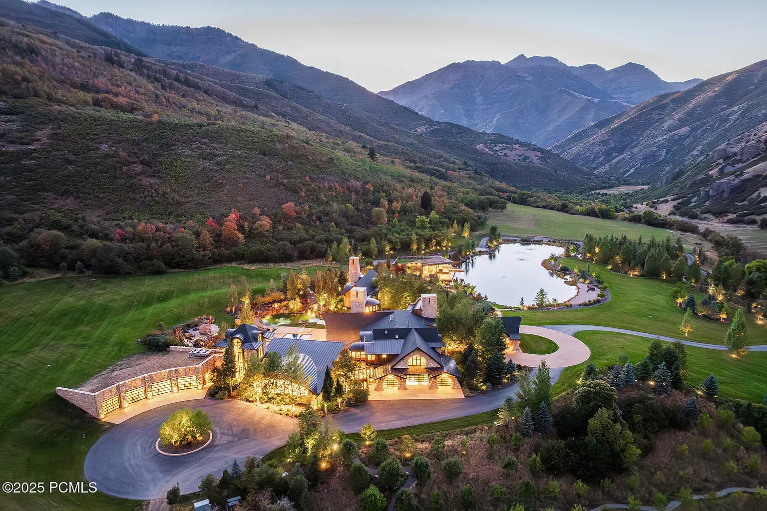 Aerial shot of this mega-estate in the hills. Unreal sunset glow.