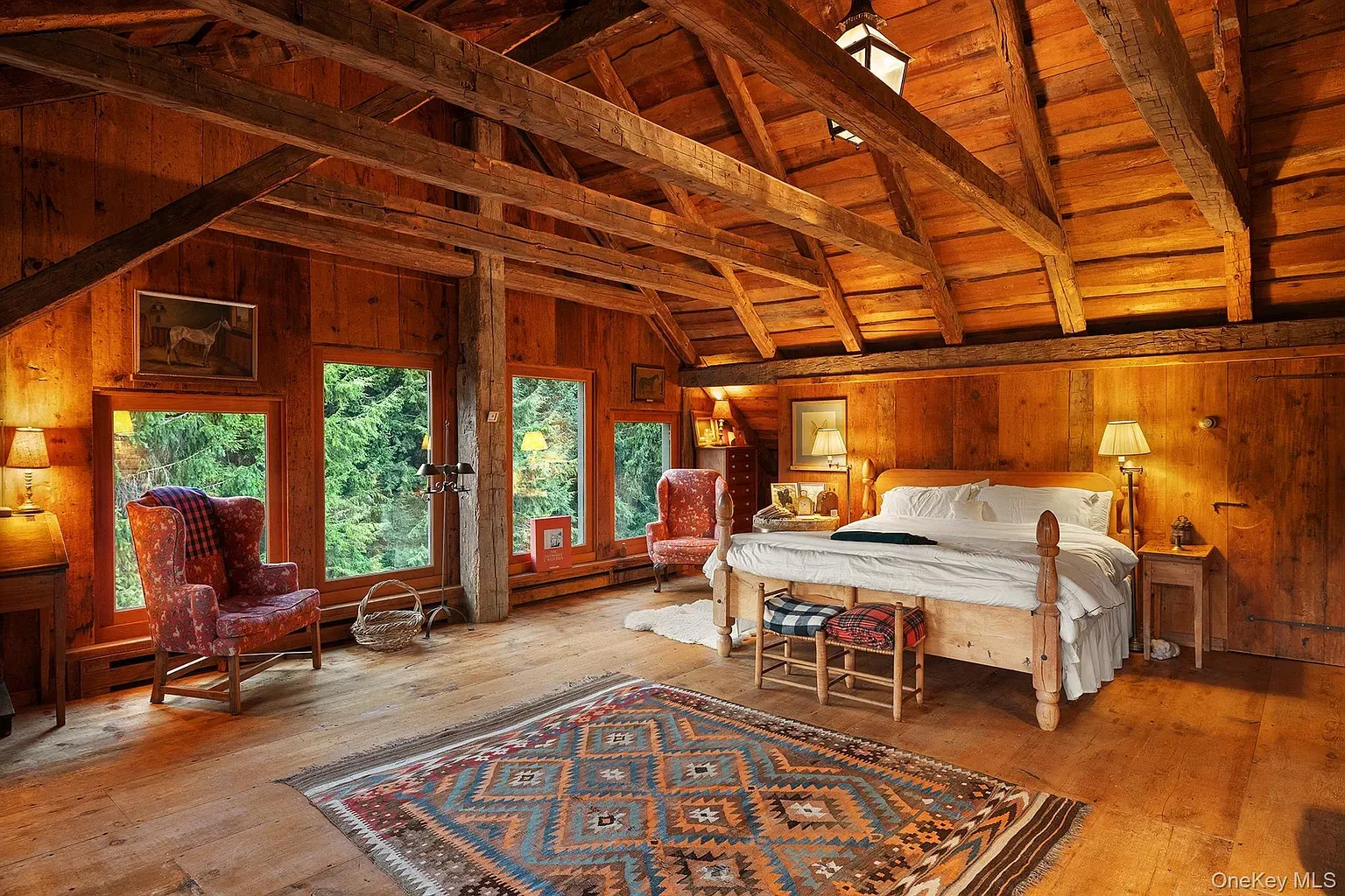 Bedroom is full timber mode. Beams overhead a protective hug, maybe too much?