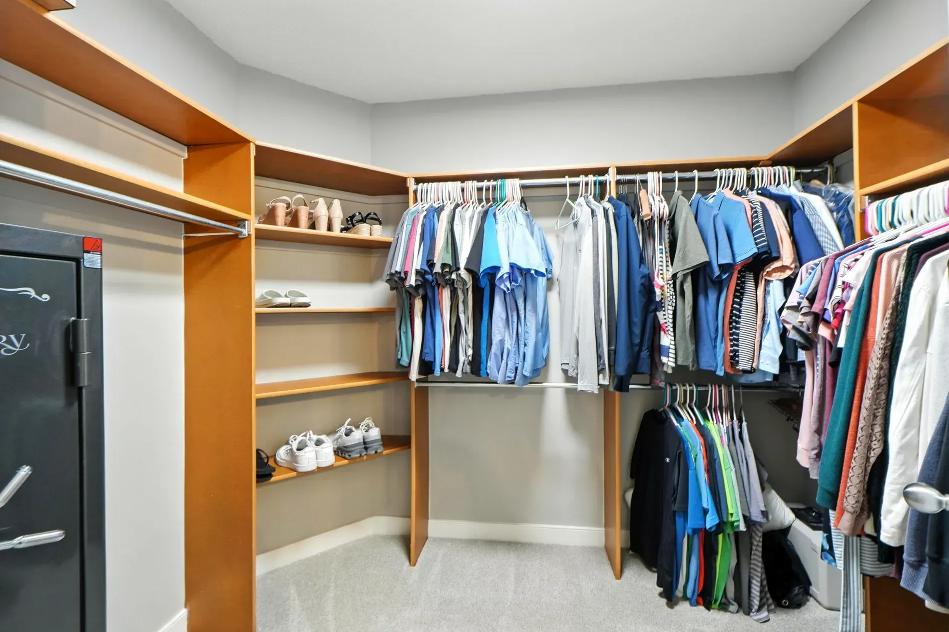 Closet goals — tons of shelving. Could use more drawers for socks chaos.