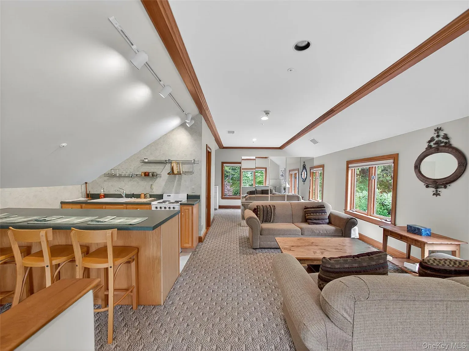 Open living plus kitchen. Wood, metal, comfy sofas—easy hangout spot.