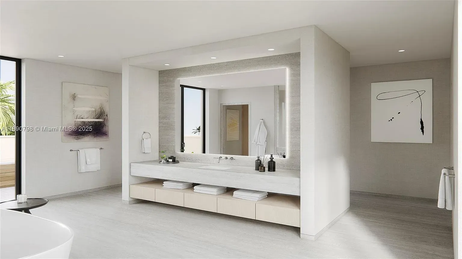 Neutral bathroom with that massive marble vanity. Clean lines for days.