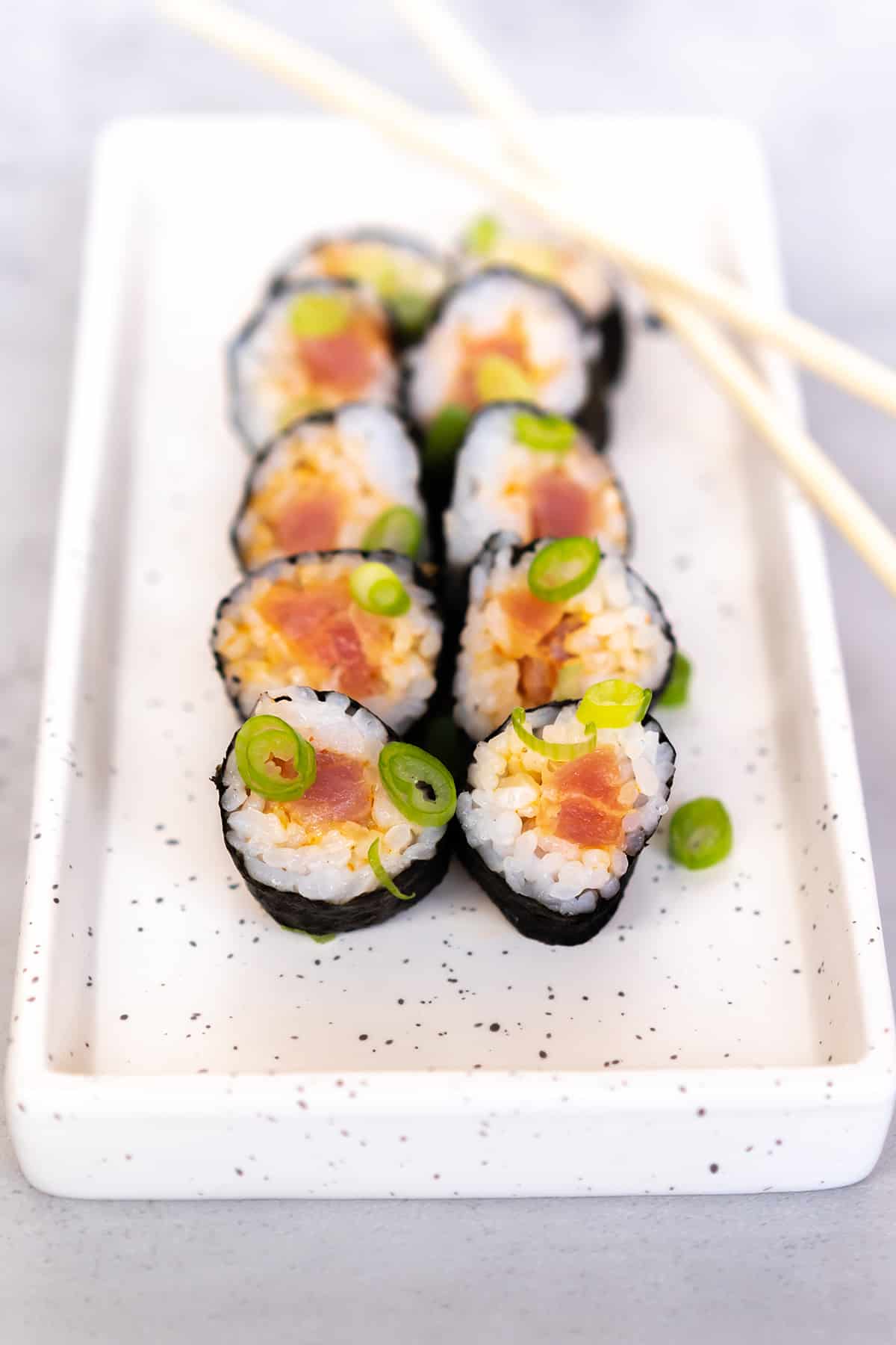 a delicious sushi with spicy tuna roll