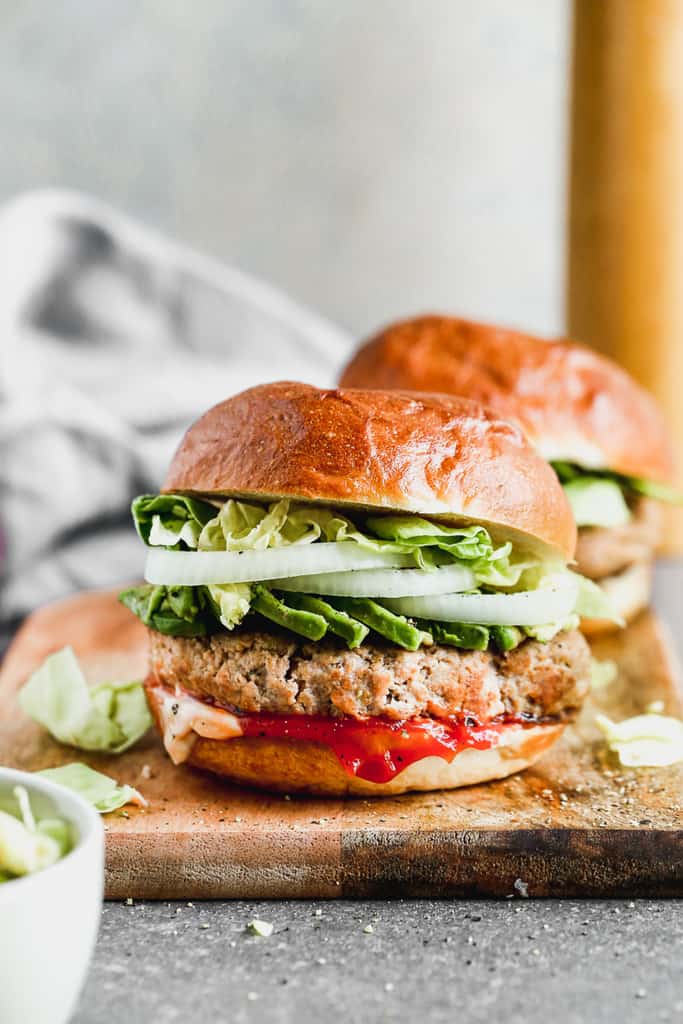 a delicious burger with a turkey patty