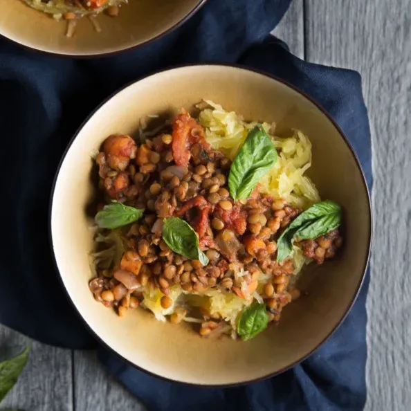 Vegetarian Slow Cooker Lentil Sloppy Joes over Spaghetti Squash