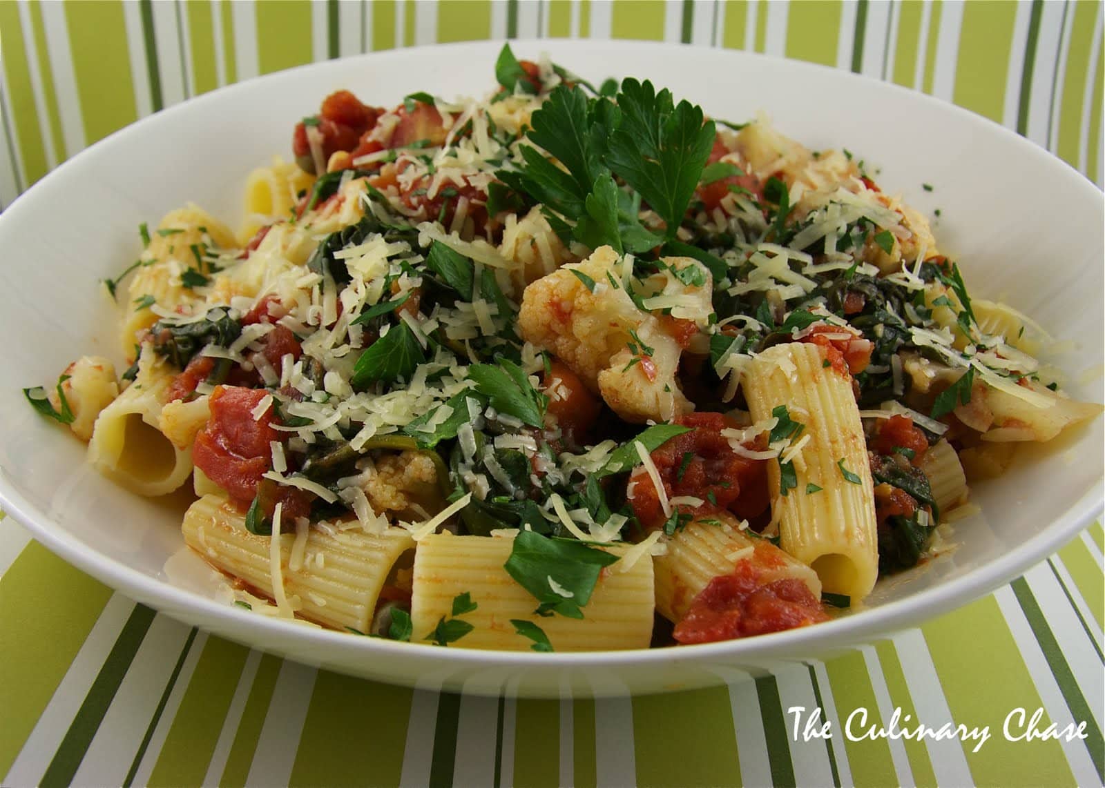 Paccheri pasta with cauliflower and spinach