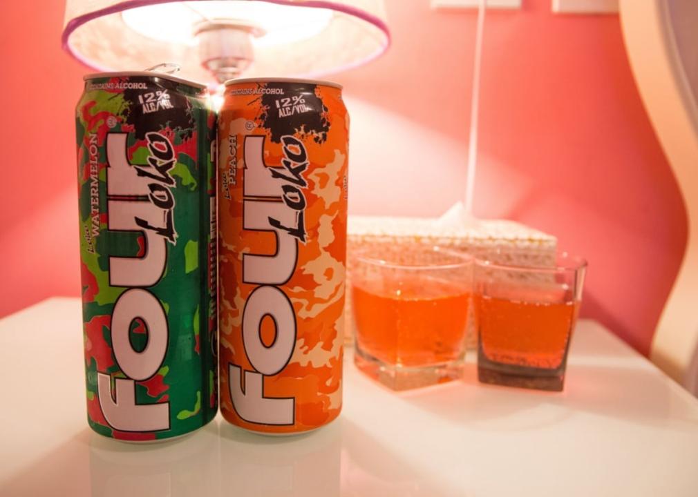 The original Four Loko Two cans of Four Loko set against a pink backdrop.