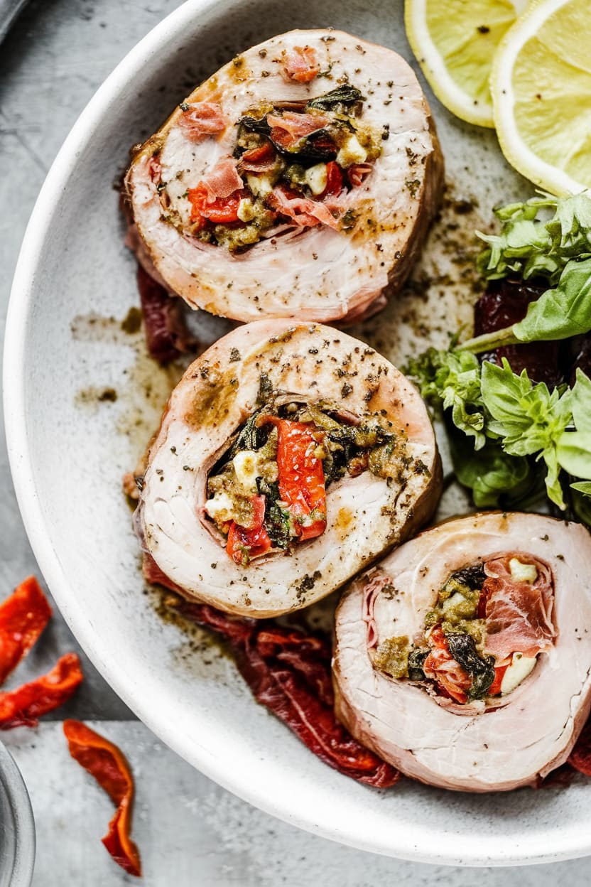 Stuffed Pork Tenderloin with Spinach, Mozzarella, Roasted Red Peppers, and Pesto