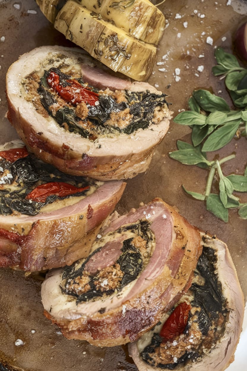 Stuffed Pork Tenderloin with Spinach, Mozzarella, Roasted Red Peppers, and Pesto
