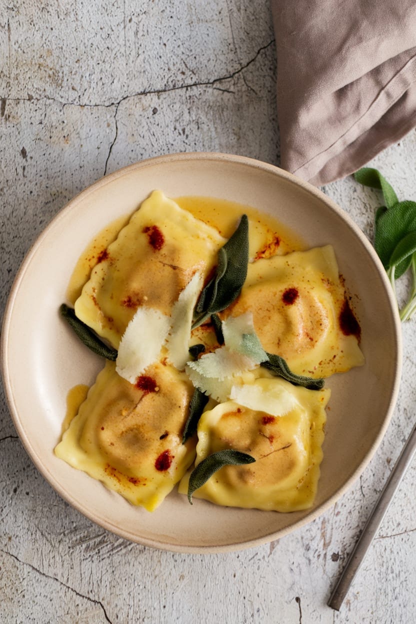 Pumpkin Ravioli with Brown Butter and Sage
