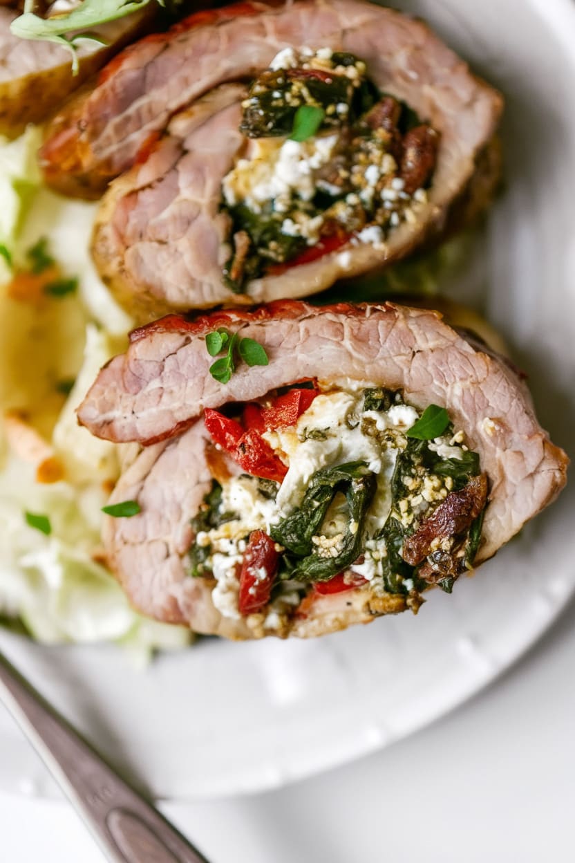 Stuffed Pork Tenderloin with Spinach, Mozzarella, Roasted Red Peppers, and Pesto