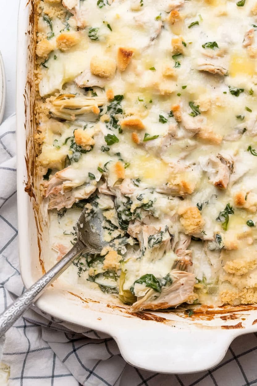 Creamy Greek Yogurt Chicken Spinach Artichoke Bake