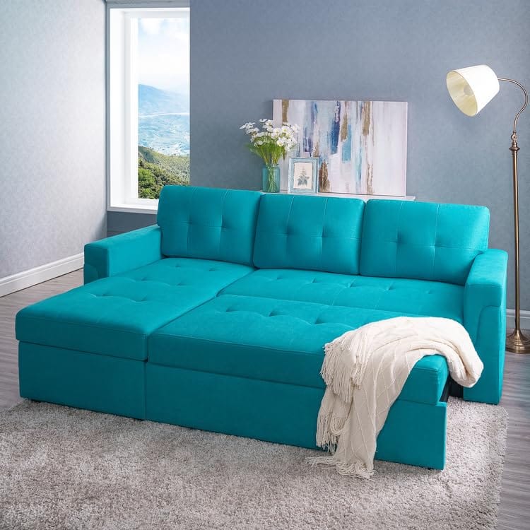 living room with teal green velvet sleeper sofa with memory foam mattress