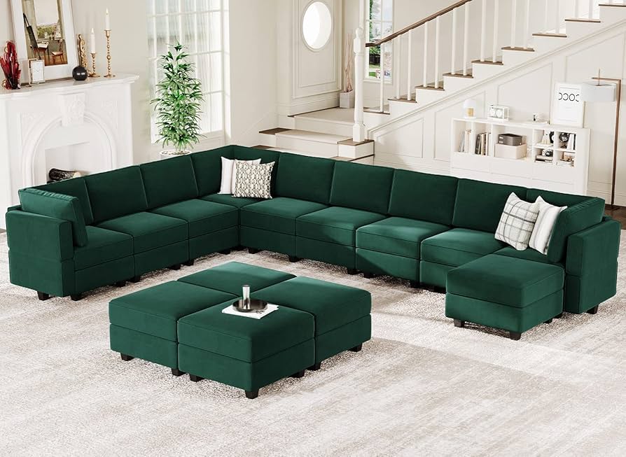 living room with hunter green velvet sectional with removable cushions and washable covers