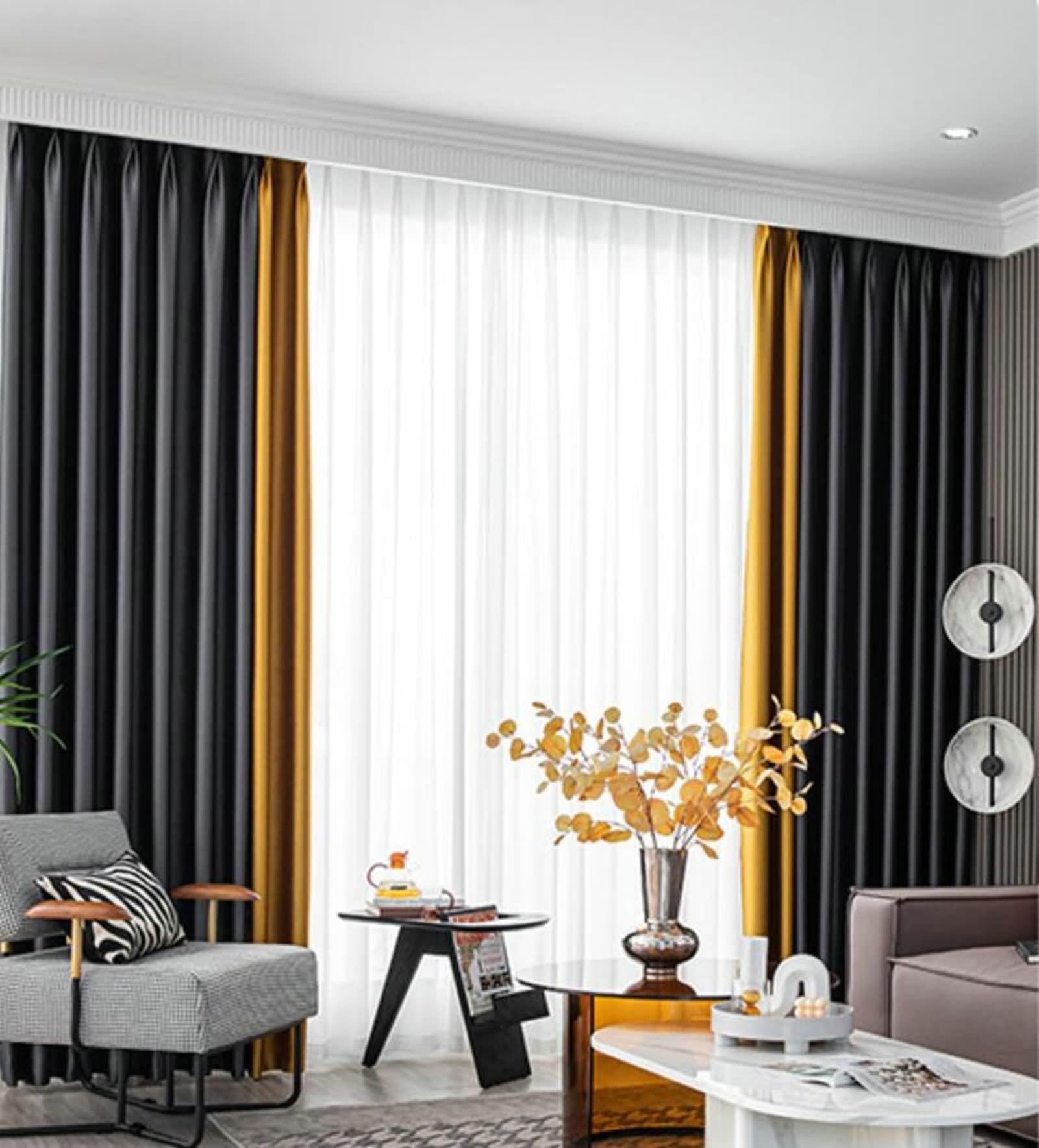 a stunning living room with two-toned curtains