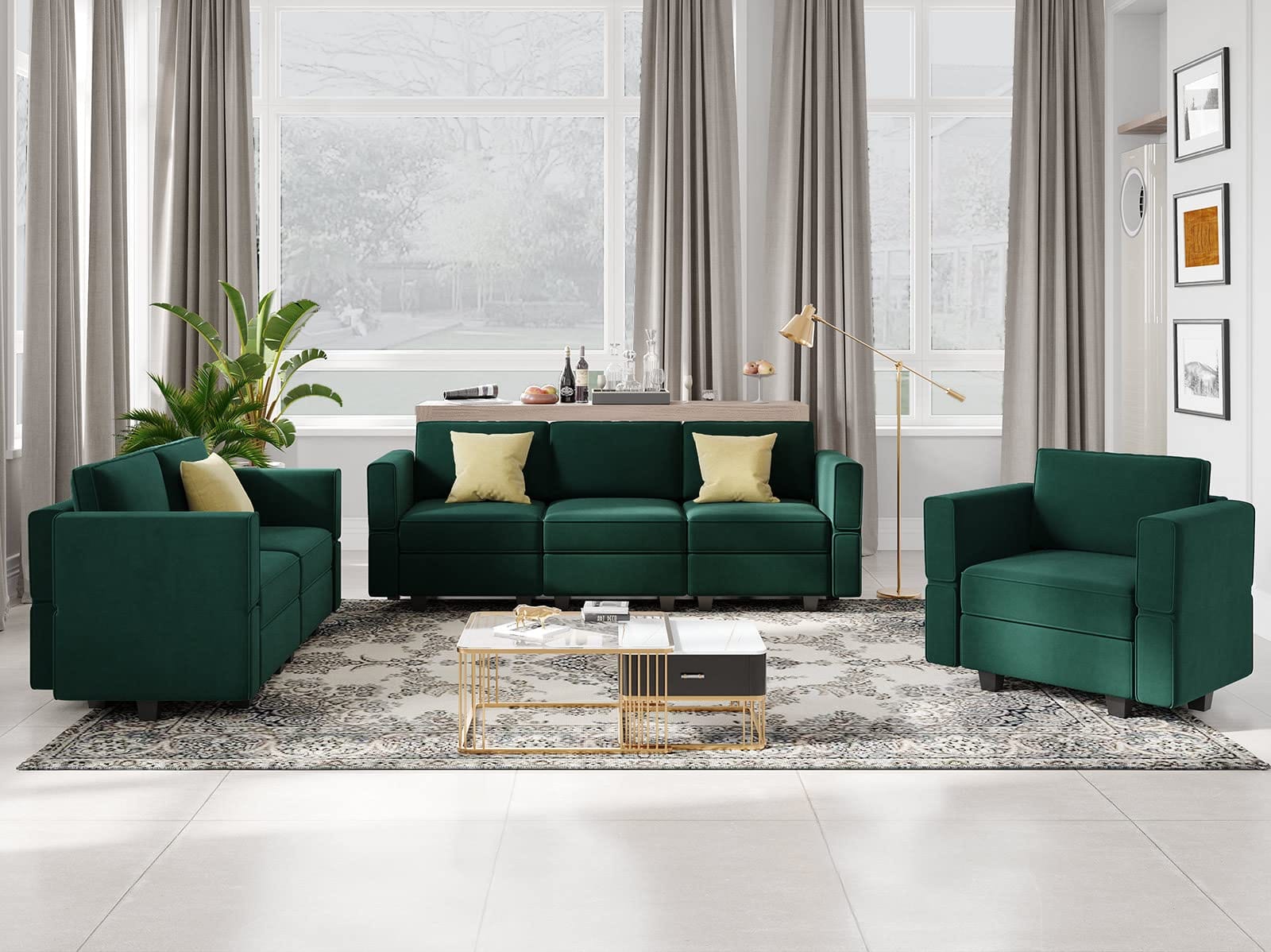 living room with forest green velvet recliner sofa with power headrests and lumbar support