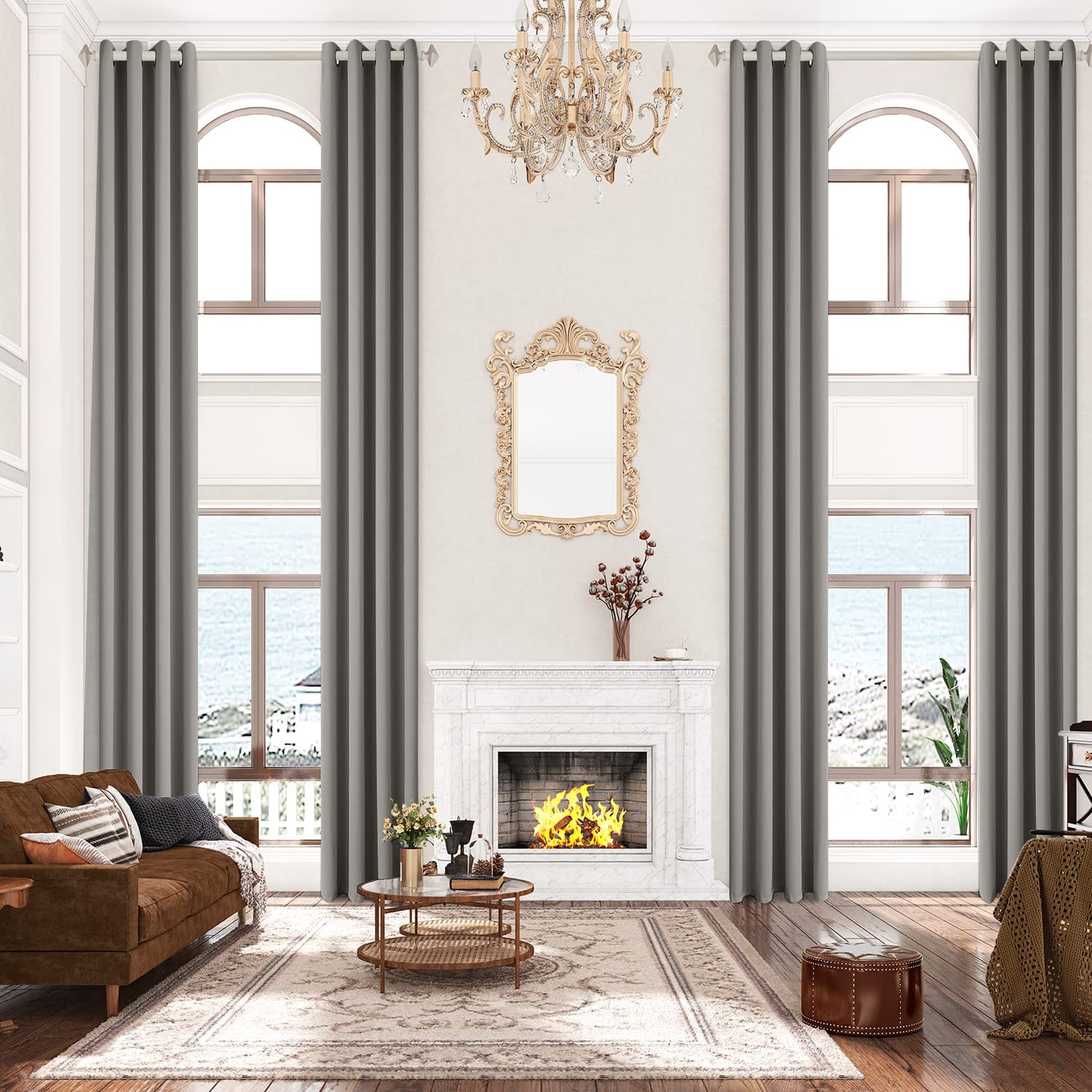 a stunning living room with grommet top curtains