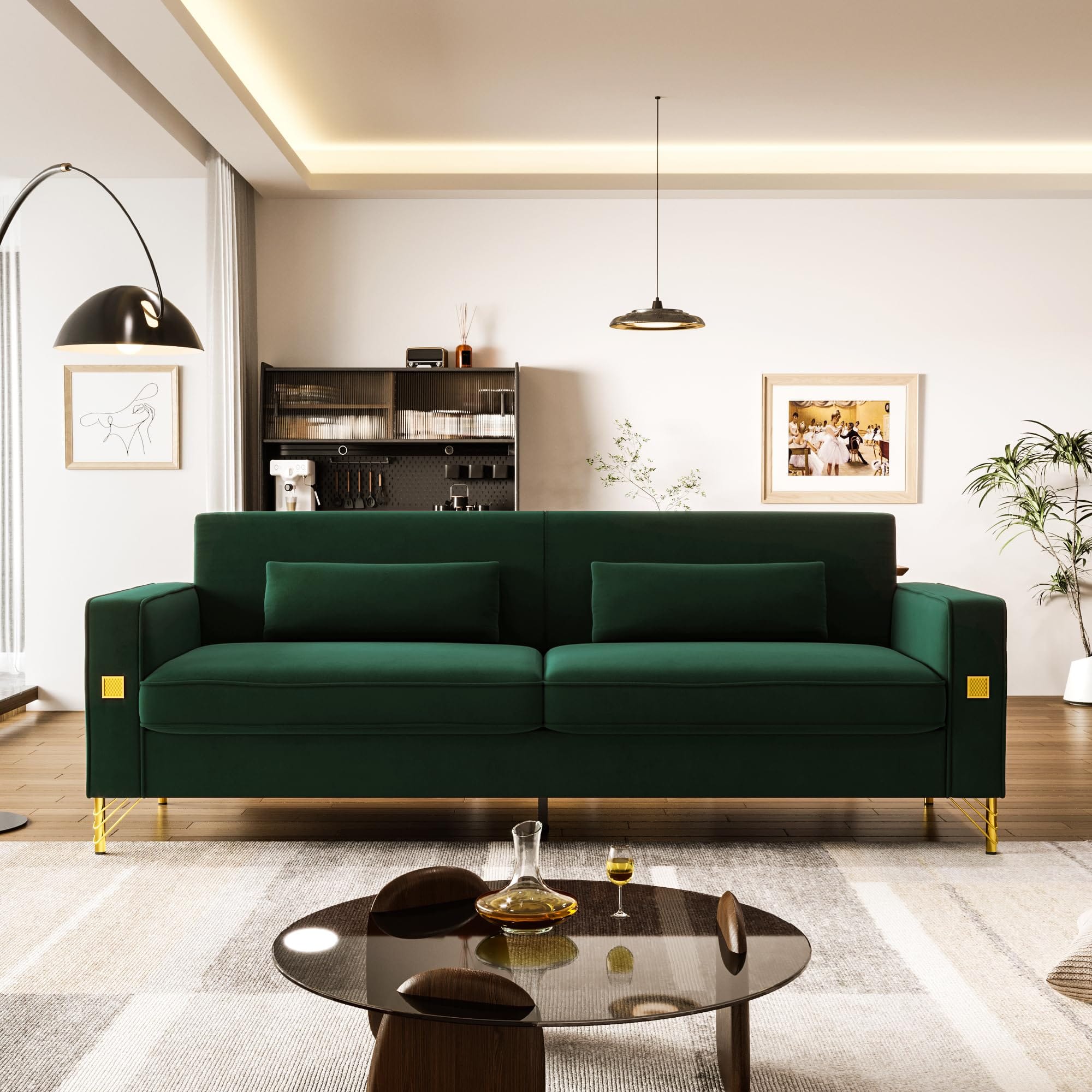 living room with emerald green velvet sofa with gold trim and flared legs
