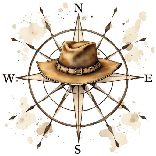 wild west with compass-oriented cowboy hat tattoos in nautical design