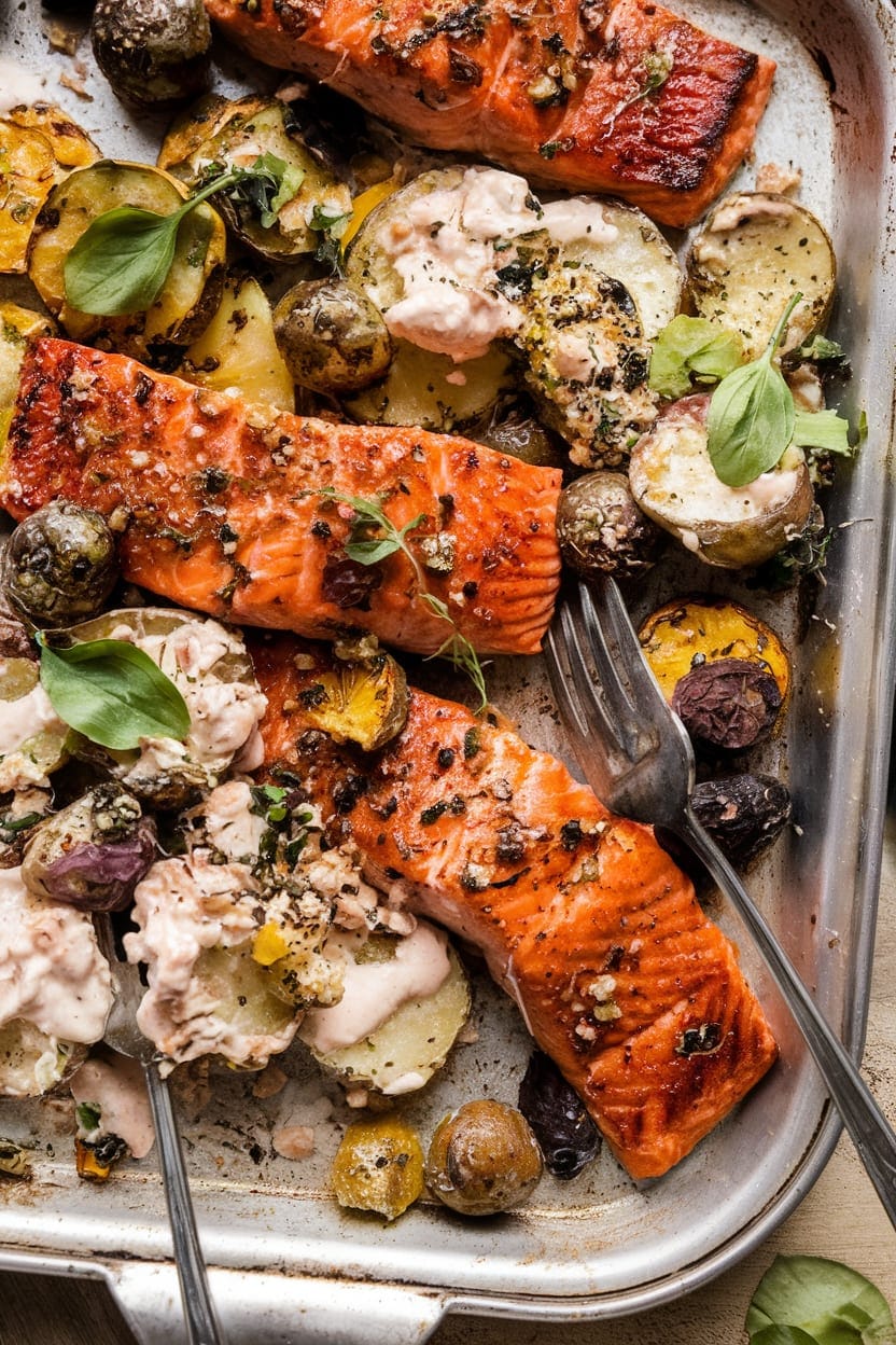 Sheet Pan Salmon with Citrus Avocado Salsa and Potatoes.